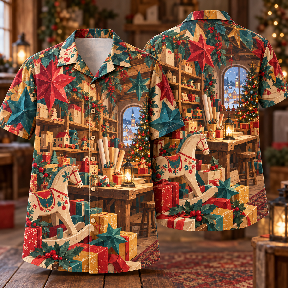 Digital mockup: front and back of one AlohaVero Christmas Gouache Paper Toy Workshop Ruby Teal Cream No Pocket Hawaiian shirt