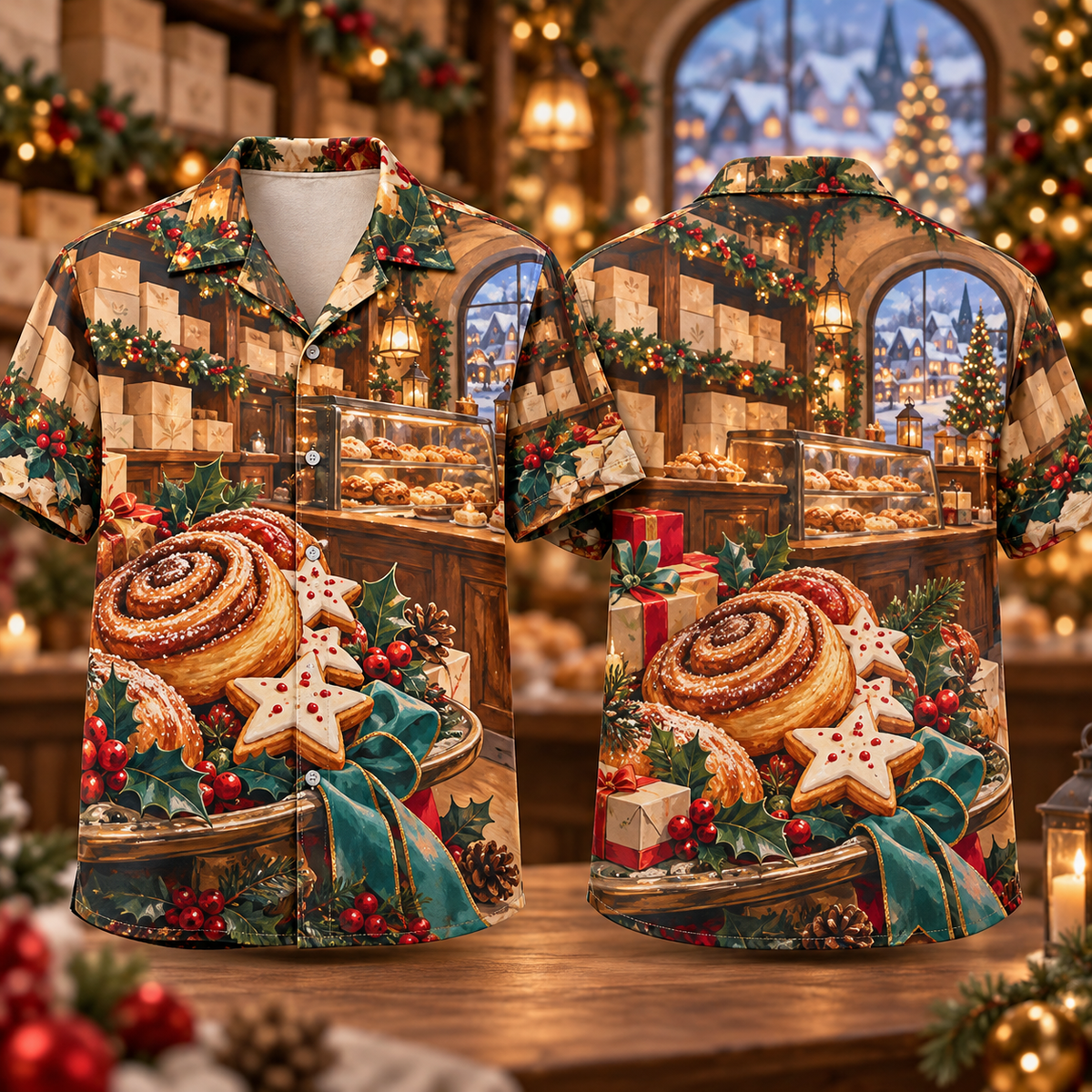 Digital mockup: front and back of one AlohaVero Christmas Gouache Pastry Shop Cinnamon Teal Cream No Pocket Hawaiian shirt