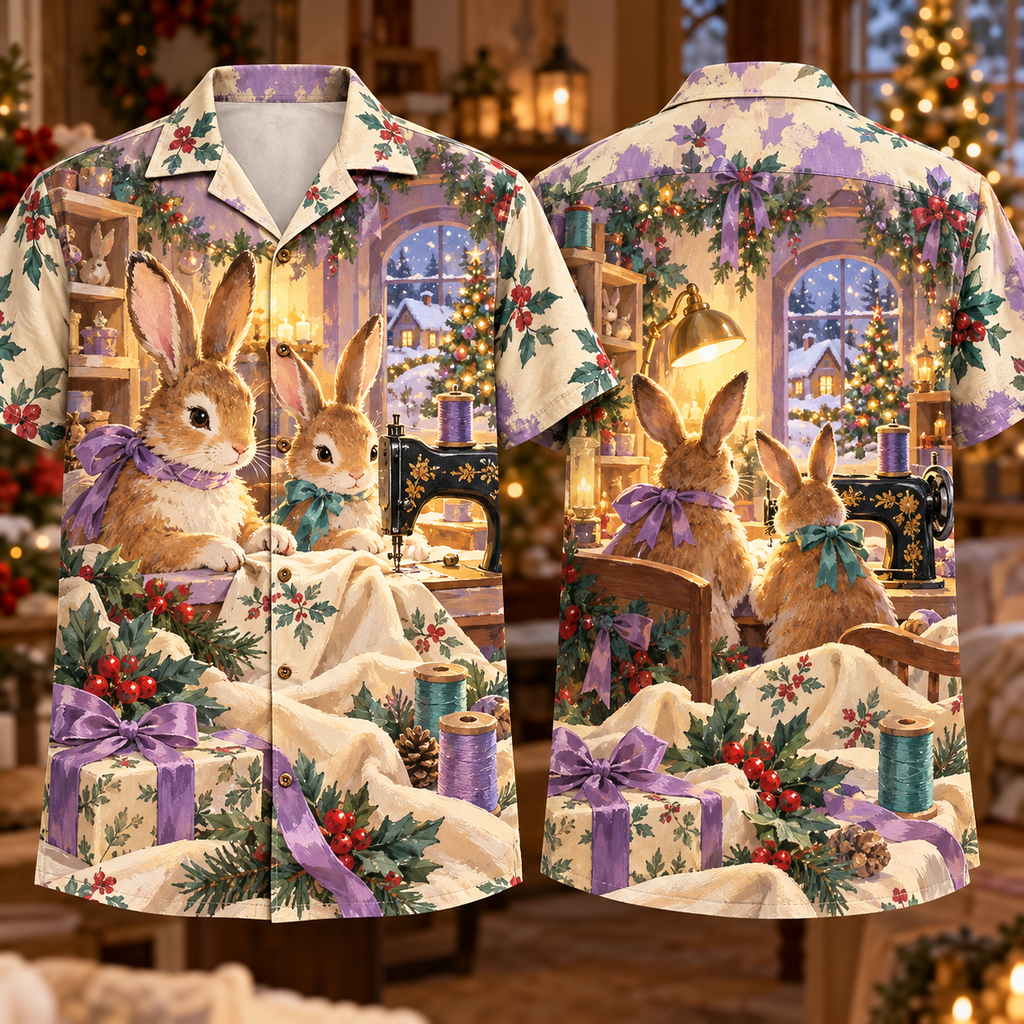 Digital mockup: front and back of one AlohaVero Christmas Gouache Rabbit Sewing Room Lilac Teal Cream No Pocket Hawaiian shirt