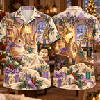 Digital mockup: front and back of one AlohaVero Christmas Gouache Rabbit Sewing Room Lilac Teal Cream No Pocket Hawaiian shirt