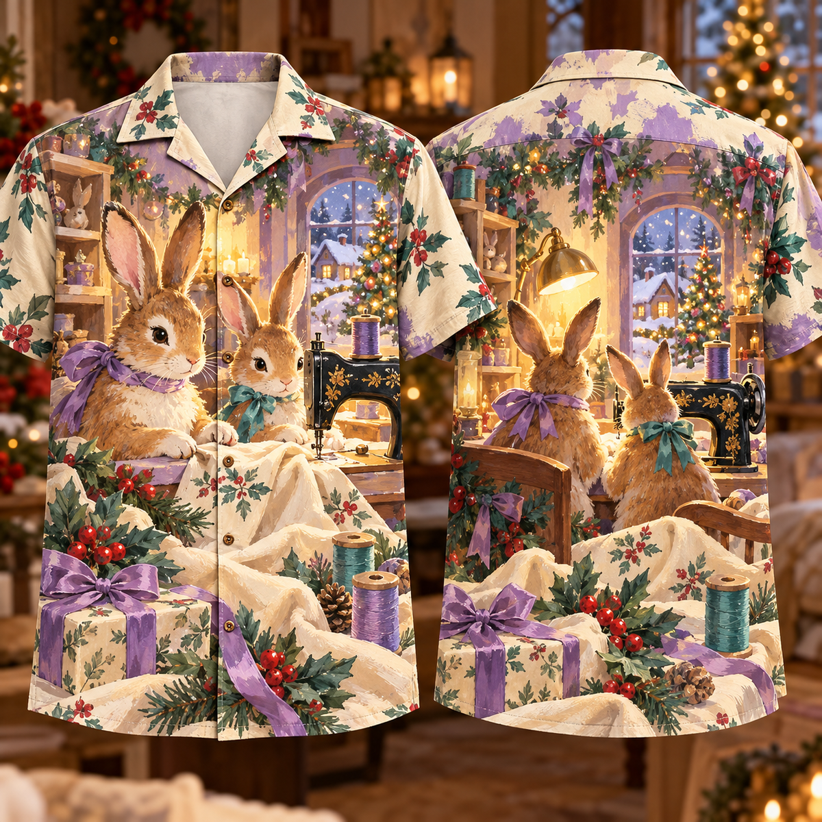 Digital mockup: front and back of one AlohaVero Christmas Gouache Rabbit Sewing Room Lilac Teal Cream No Pocket Hawaiian shirt