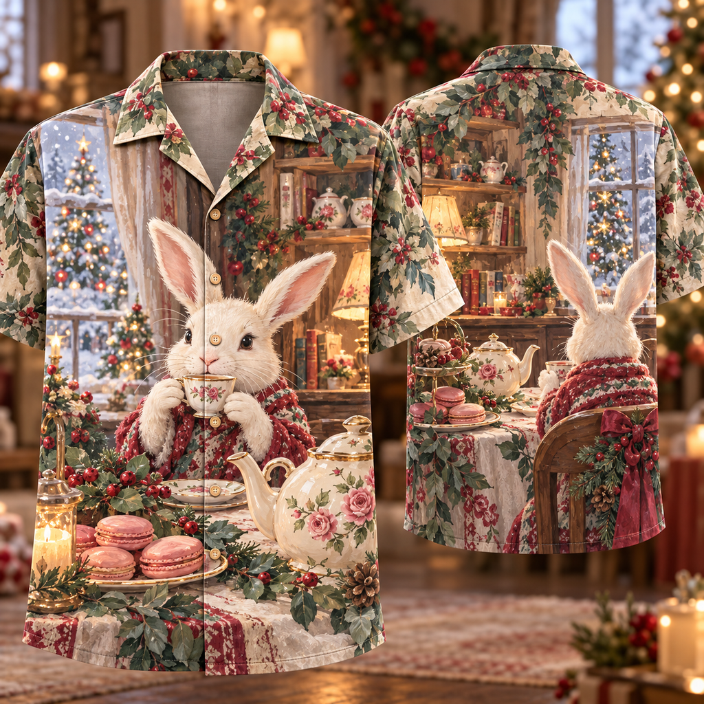 Digital mockup: front and back of one AlohaVero Christmas Gouache Rabbit Tea House Sage Rose Ivory No Pocket Hawaiian shirt