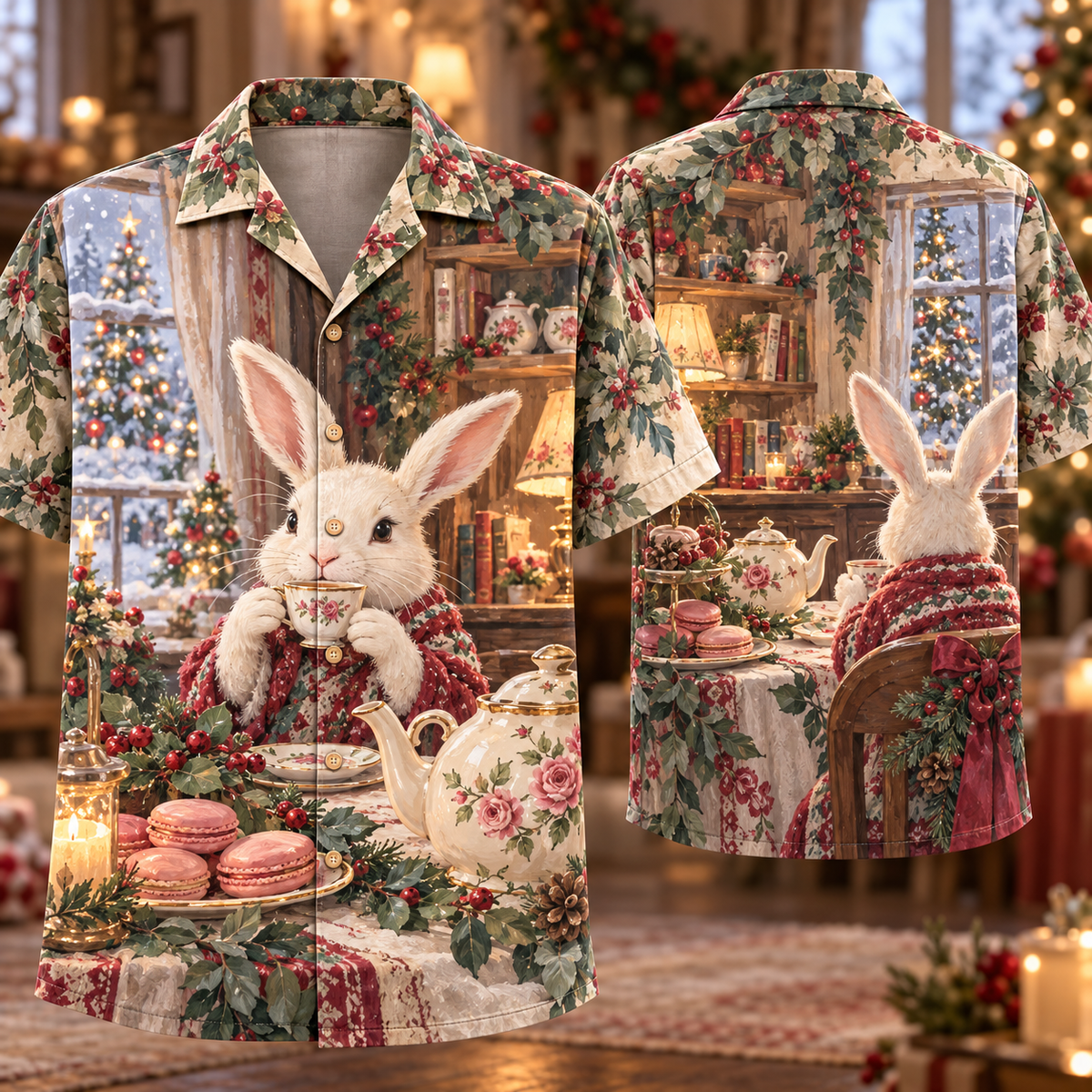 Digital mockup: front and back of one AlohaVero Christmas Gouache Rabbit Tea House Sage Rose Ivory No Pocket Hawaiian shirt