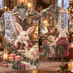 Digital mockup: front and back of one AlohaVero Christmas Gouache Rabbit Tea House Sage Rose Ivory No Pocket Hawaiian shirt