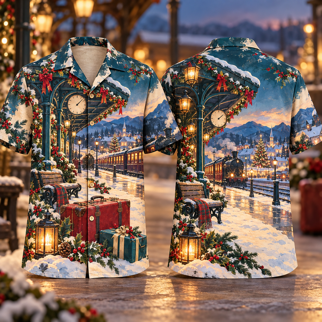 Digital mockup: front and back of one AlohaVero Christmas Gouache Railway Station Snowy Platform Teal Ruby Cream No Pocket Hawaiian shirt
