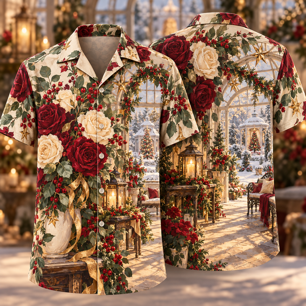 Digital mockup: front and back of one AlohaVero Christmas Gouache Rose Conservatory Burgundy Sage Cream No Pocket Hawaiian shirt