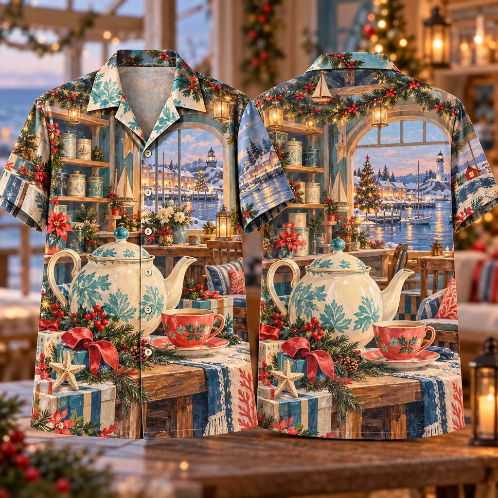 Digital mockup: front and back of one AlohaVero Christmas Gouache Seaside Tea Room Aqua Coral Cream No Pocket Hawaiian shirt