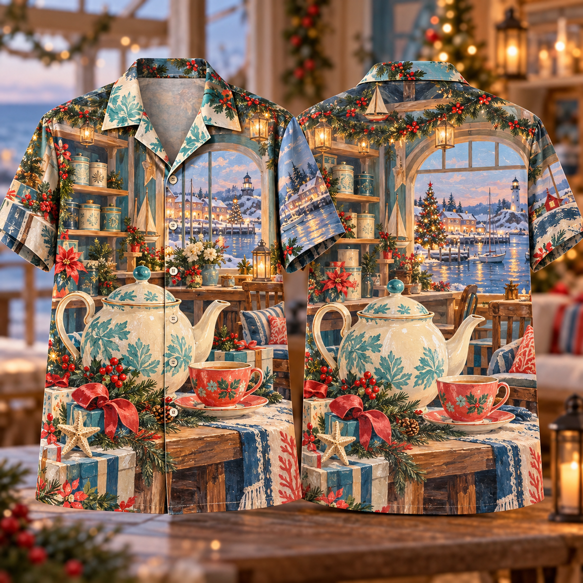 Digital mockup: front and back of one AlohaVero Christmas Gouache Seaside Tea Room Aqua Coral Cream No Pocket Hawaiian shirt