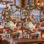 Digital mockup: front and back of one AlohaVero Christmas Gouache Seaside Tea Room Aqua Coral Cream No Pocket Hawaiian shirt