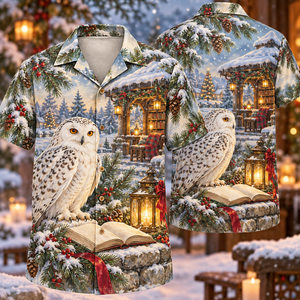 Christmas Gouache Snowy Owl Book Lantern Sage Amber Ivory Hawaiian Shirt