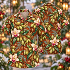Digital mockup: front and back of one AlohaVero Christmas Green Cardamom Copper Aloha No Pocket Hawaiian shirt