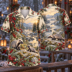 Digital mockup: front and back of one AlohaVero Christmas Grison Silver Stream Family No Pocket Hawaiian shirt