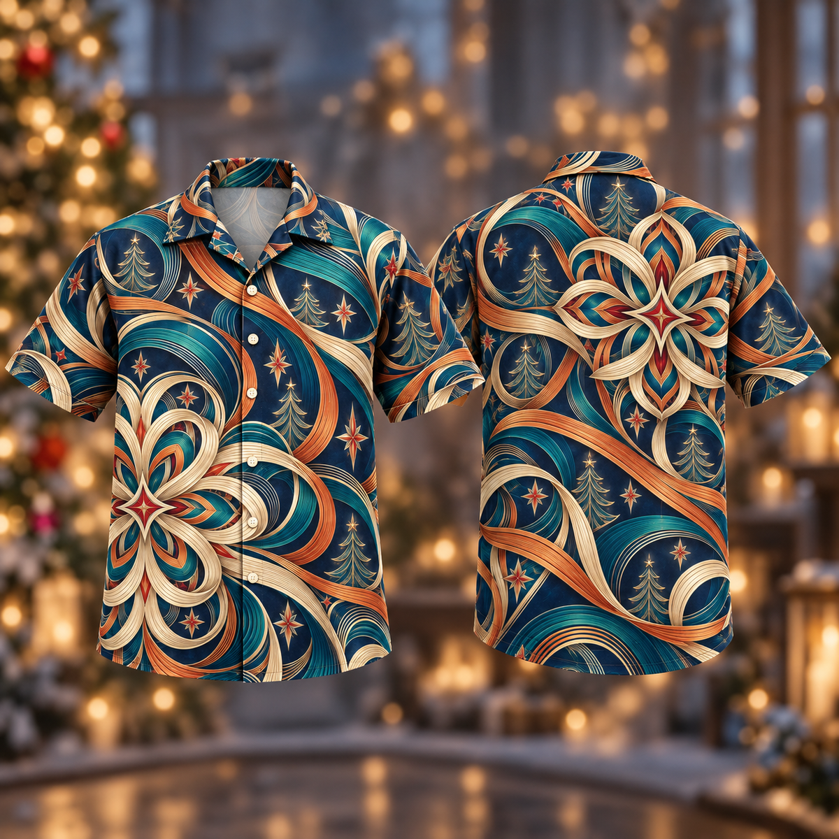 Digital mockup: front and back of one AlohaVero Christmas Guilloche Ribbon Indigo Copper No Pocket Hawaiian shirt