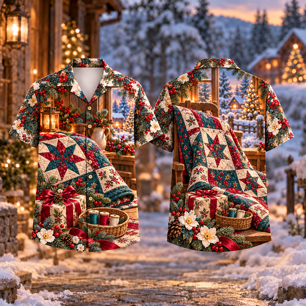 Digital mockup: front and back of one AlohaVero Christmas Handcraft Gift Quilt Star Teal Cranberry No Pocket Hawaiian shirt