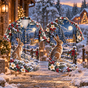 Christmas Hare Moonlit Listening Taupe Blue Hawaiian Shirt