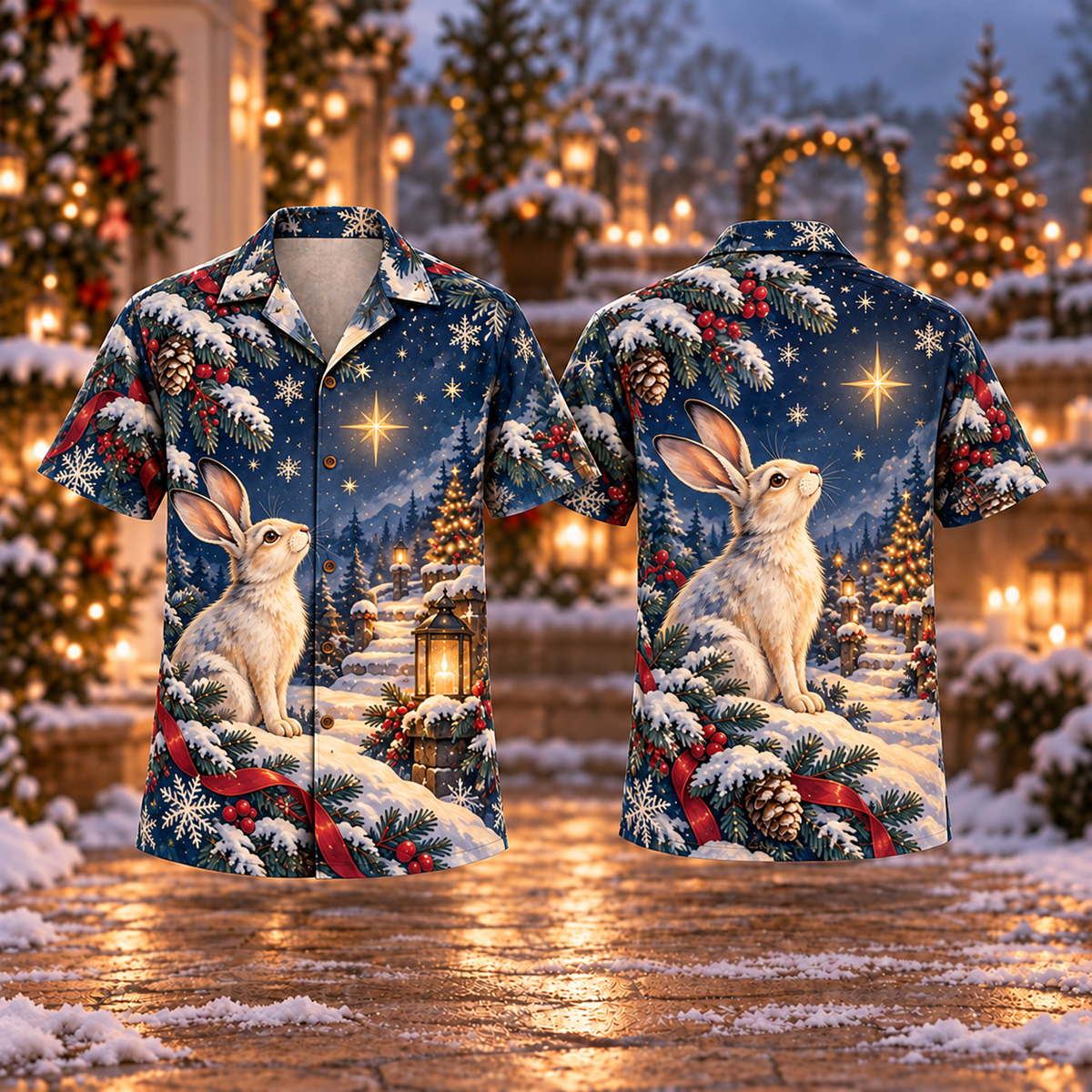 Digital mockup: front and back of one AlohaVero Christmas Hare Starlight Indigo Ice Ivory No Pocket Hawaiian shirt