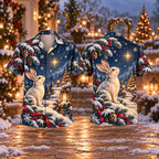 Digital mockup: front and back of one AlohaVero Christmas Hare Starlight Indigo Ice Ivory No Pocket Hawaiian shirt