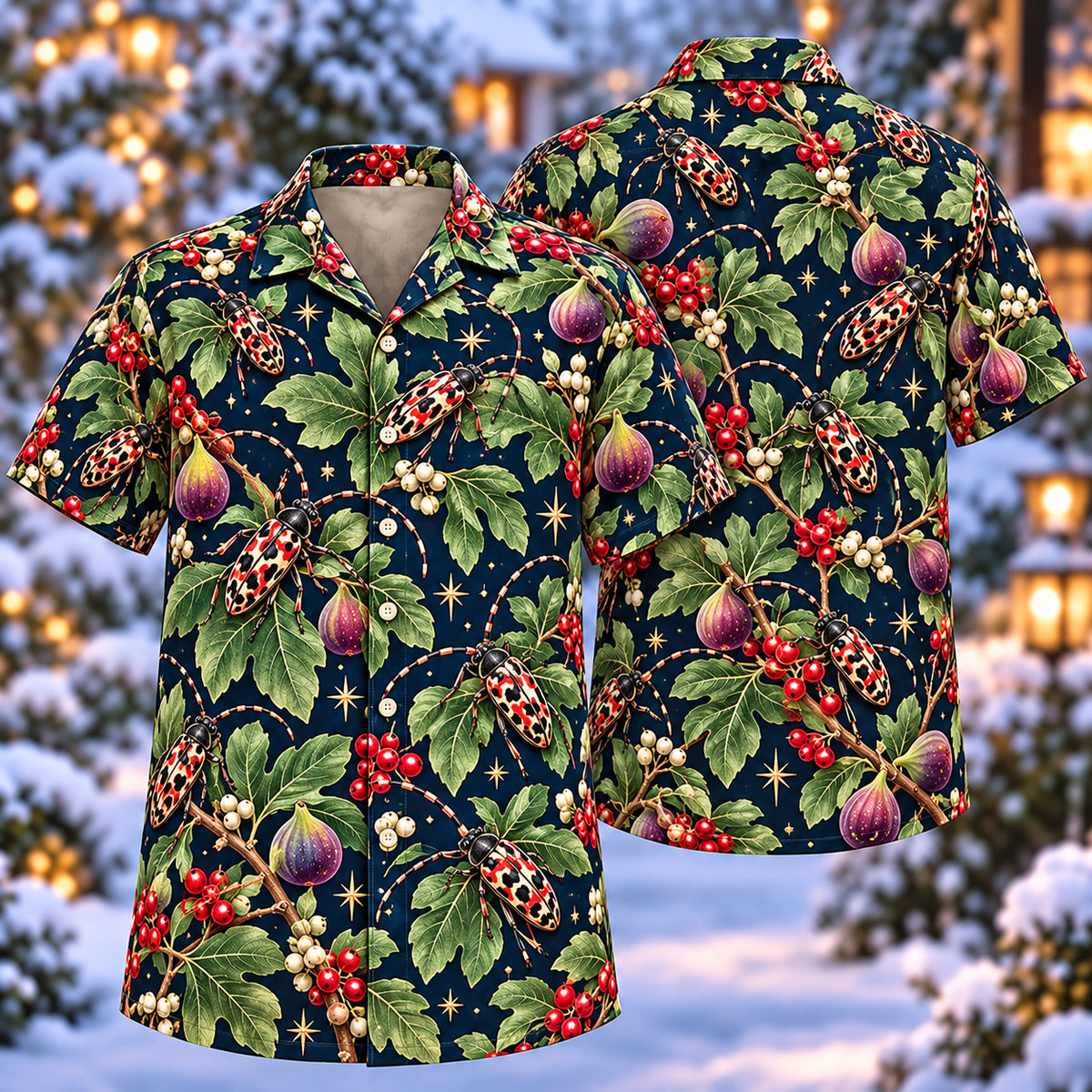 Digital mockup: front and back of one AlohaVero Christmas Harlequin Longhorn Beetle Fig Aloha No Pocket Hawaiian shirt