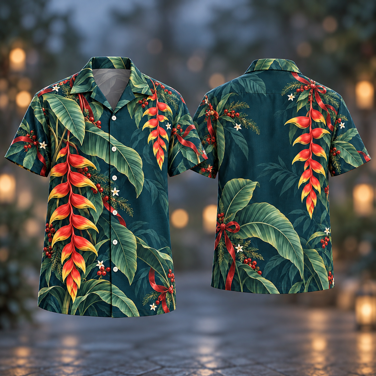 Digital mockup: front and back of one AlohaVero Christmas Heliconia Coral Jade No Pocket Hawaiian shirt
