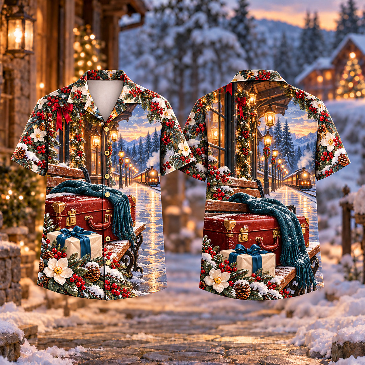 Digital mockup: front and back of one AlohaVero Christmas Homeward Suitcase Gift Print Oxblood Petrol No Pocket Hawaiian shirt