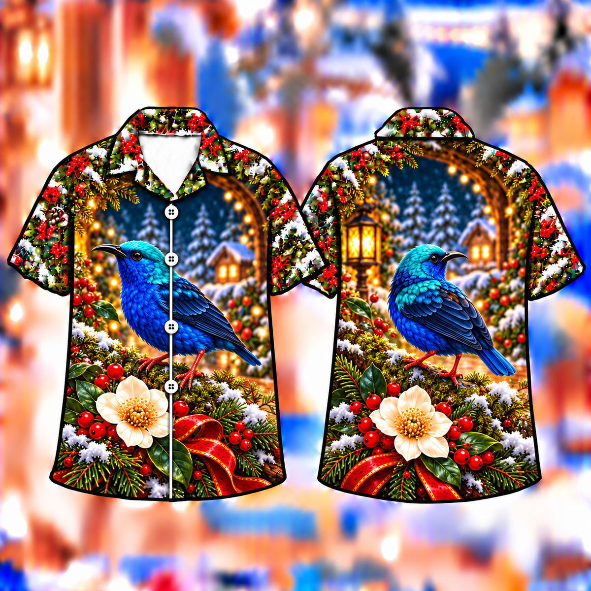 Digital mockup: front and back of one AlohaVero Christmas Honeycreeper Lantern Nectar Garden Print No Pocket Hawaiian shirt