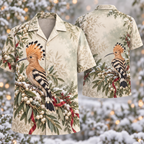 Digital mockup: front and back of one AlohaVero Christmas Hoopoe Ivory Berry Sage No Pocket Hawaiian shirt