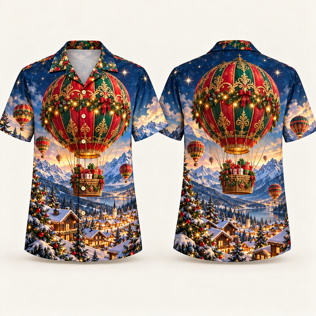 Digital mockup: front and back of one AlohaVero Christmas Hot Air Balloon Alpine Gift Voyage No Pocket Hawaiian shirt