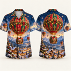Digital mockup: front and back of one AlohaVero Christmas Hot Air Balloon Alpine Gift Voyage No Pocket Hawaiian shirt