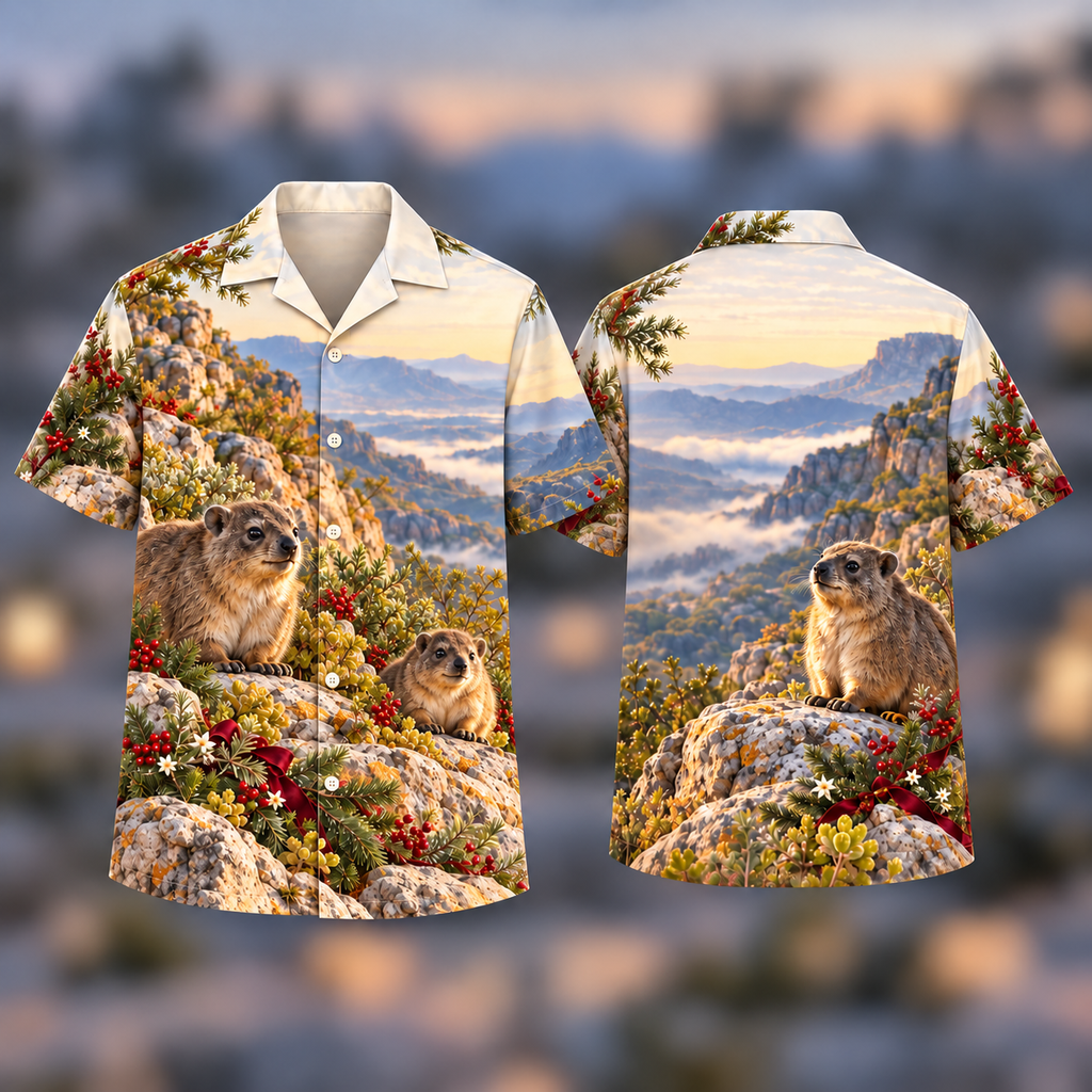 Digital mockup: front and back of one AlohaVero Christmas Hyrax Granite Dawn Family No Pocket Hawaiian shirt