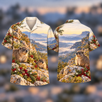Digital mockup: front and back of one AlohaVero Christmas Hyrax Granite Dawn Family No Pocket Hawaiian shirt