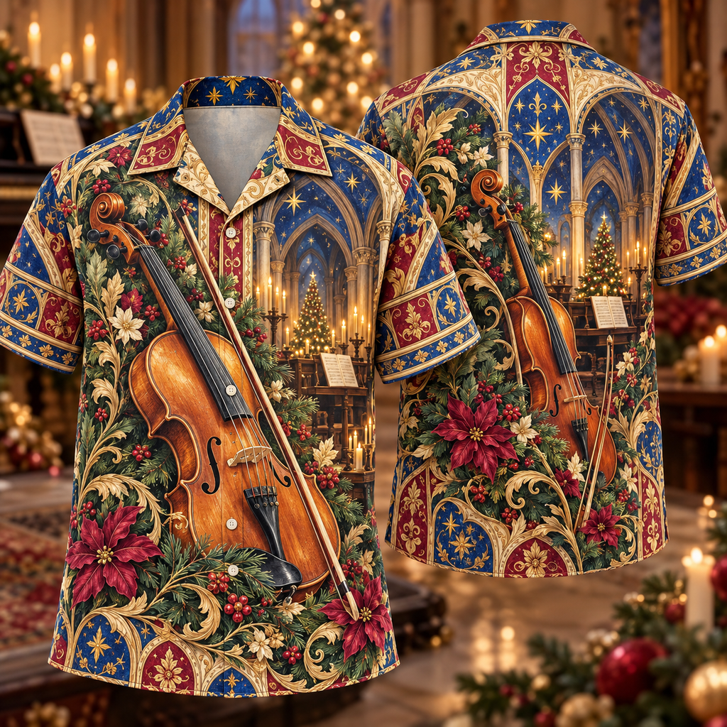Digital mockup: front and back of one AlohaVero Christmas Illuminated Violin Lapis Burgundy Golden Star Garden No Pocket Hawaiian shirt