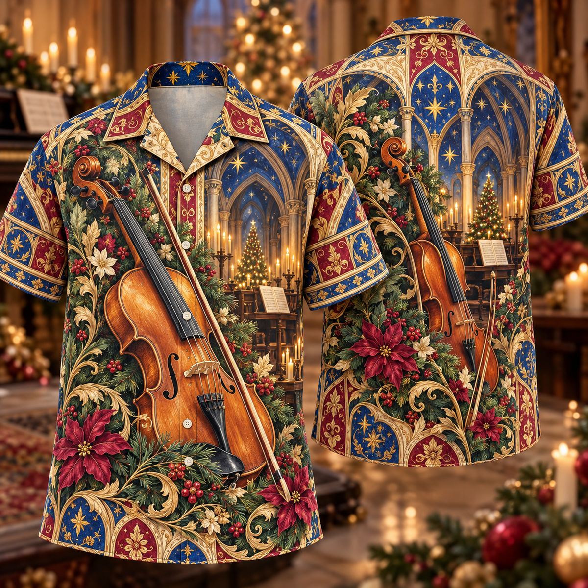 Digital mockup: front and back of one AlohaVero Christmas Illuminated Violin Lapis Burgundy Golden Star Garden No Pocket Hawaiian shirt