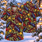 Digital mockup: front and back of one AlohaVero Christmas Indigo Oil Beetle Buttercup Aloha No Pocket Hawaiian shirt