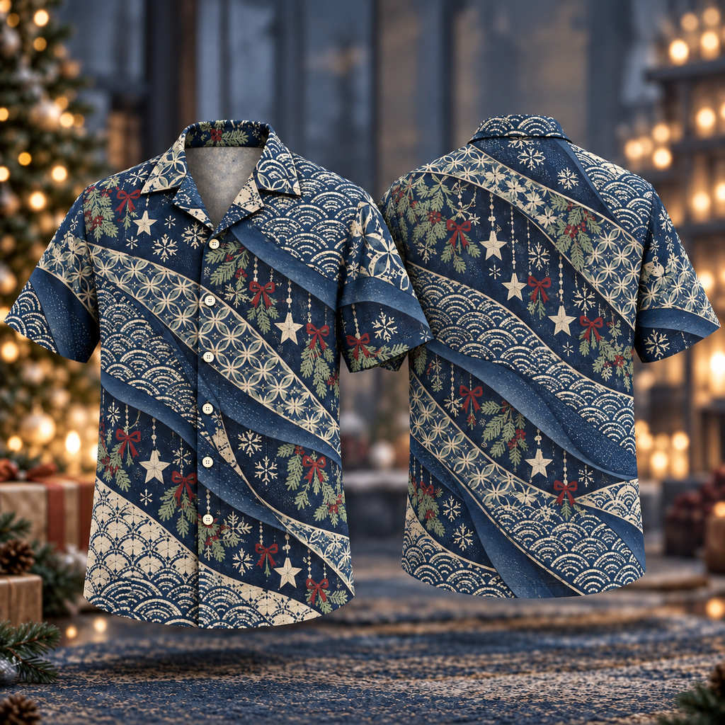 Digital mockup: front and back of one AlohaVero Christmas Indigo Sashiko Geometric No Pocket Hawaiian shirt