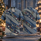 Digital mockup: front and back of one AlohaVero Christmas Indigo Sashiko Geometric No Pocket Hawaiian shirt