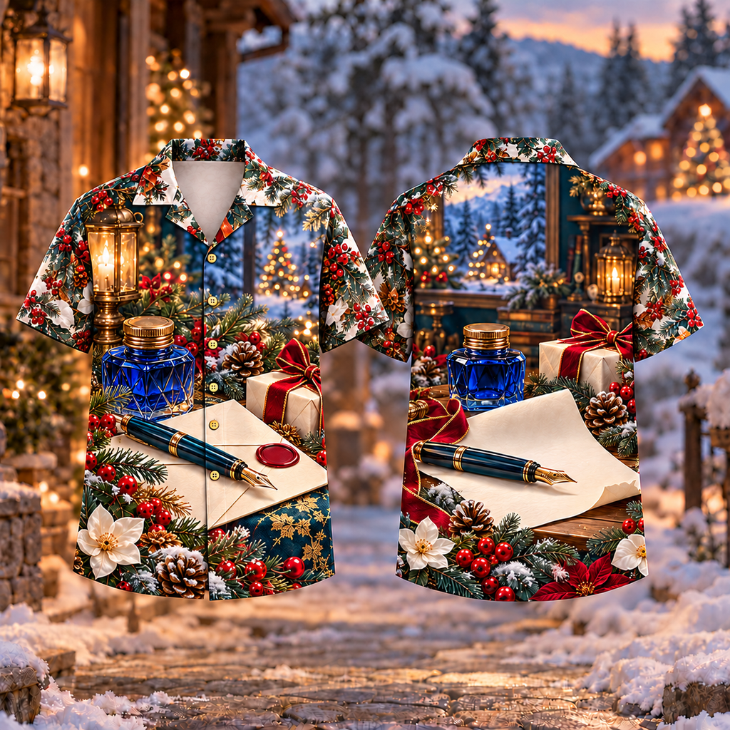 Digital mockup: front and back of one AlohaVero Christmas Ink Letter Keepsake Print No Pocket Hawaiian shirt