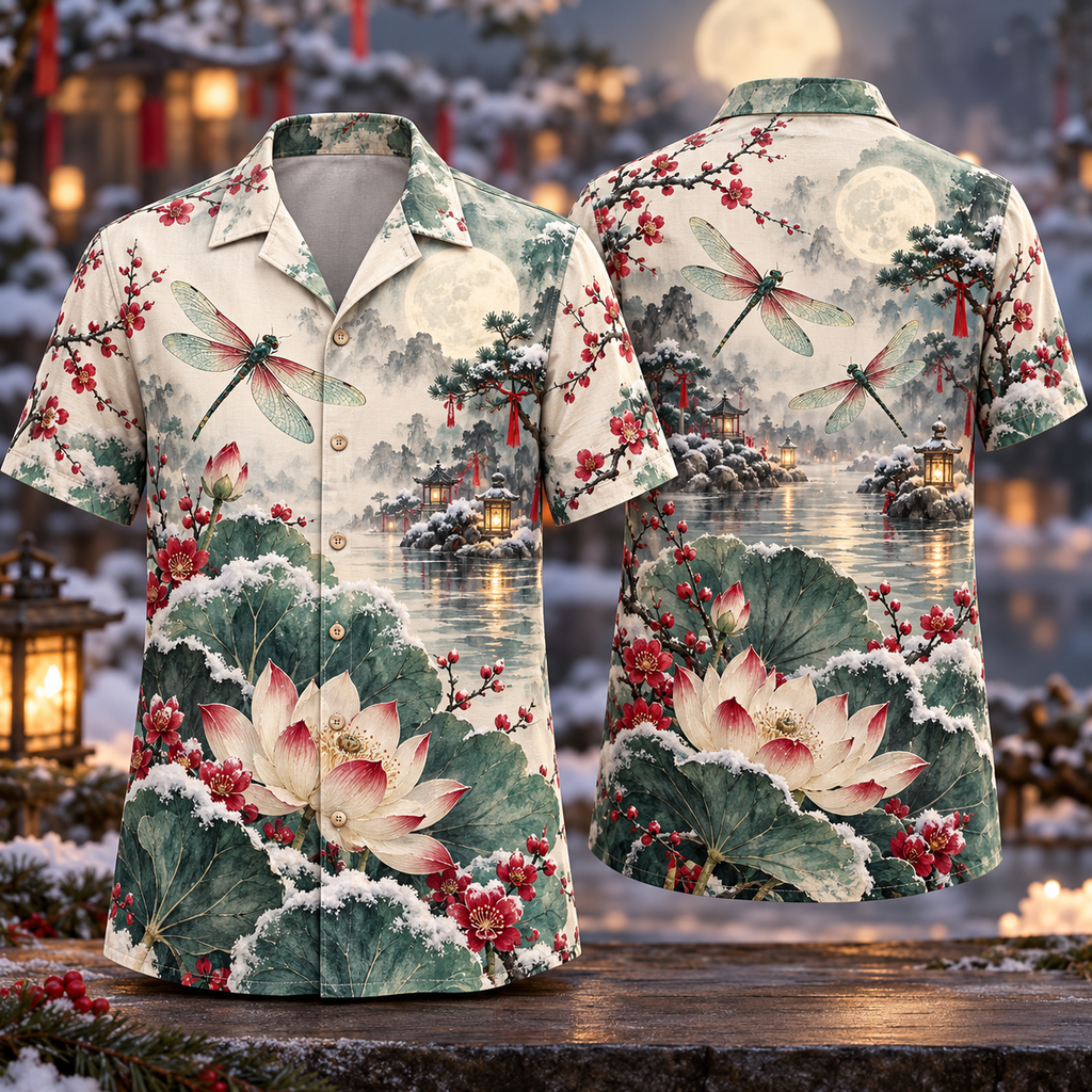 Digital mockup: front and back of one AlohaVero Christmas Ink Wash Dragonfly Snowy Lotus Moon Pond Jade Plum No Pocket Hawaiian shirt