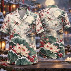 Digital mockup: front and back of one AlohaVero Christmas Ink Wash Dragonfly Snowy Lotus Moon Pond Jade Plum No Pocket Hawaiian shirt