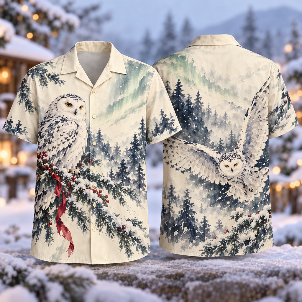 Digital mockup: front and back of one AlohaVero Christmas Ink Wash Snowy Owl Aurora No Pocket Hawaiian shirt