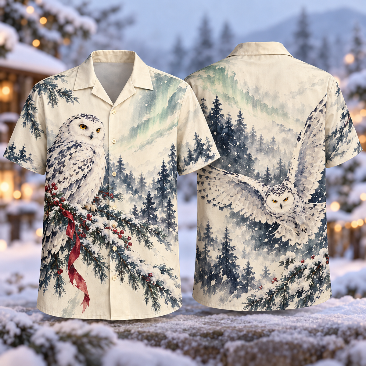 Digital mockup: front and back of one AlohaVero Christmas Ink Wash Snowy Owl Aurora No Pocket Hawaiian shirt