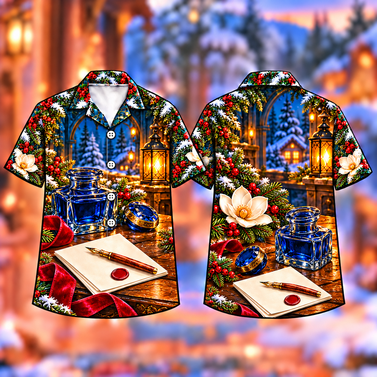 Digital mockup: front and back of one AlohaVero Christmas Inkwell Winter Letters Print No Pocket Hawaiian shirt