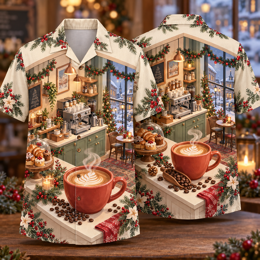 Digital mockup: front and back of one AlohaVero Christmas Isometric Coffee Bar Terracotta Sage Ivory No Pocket Hawaiian shirt