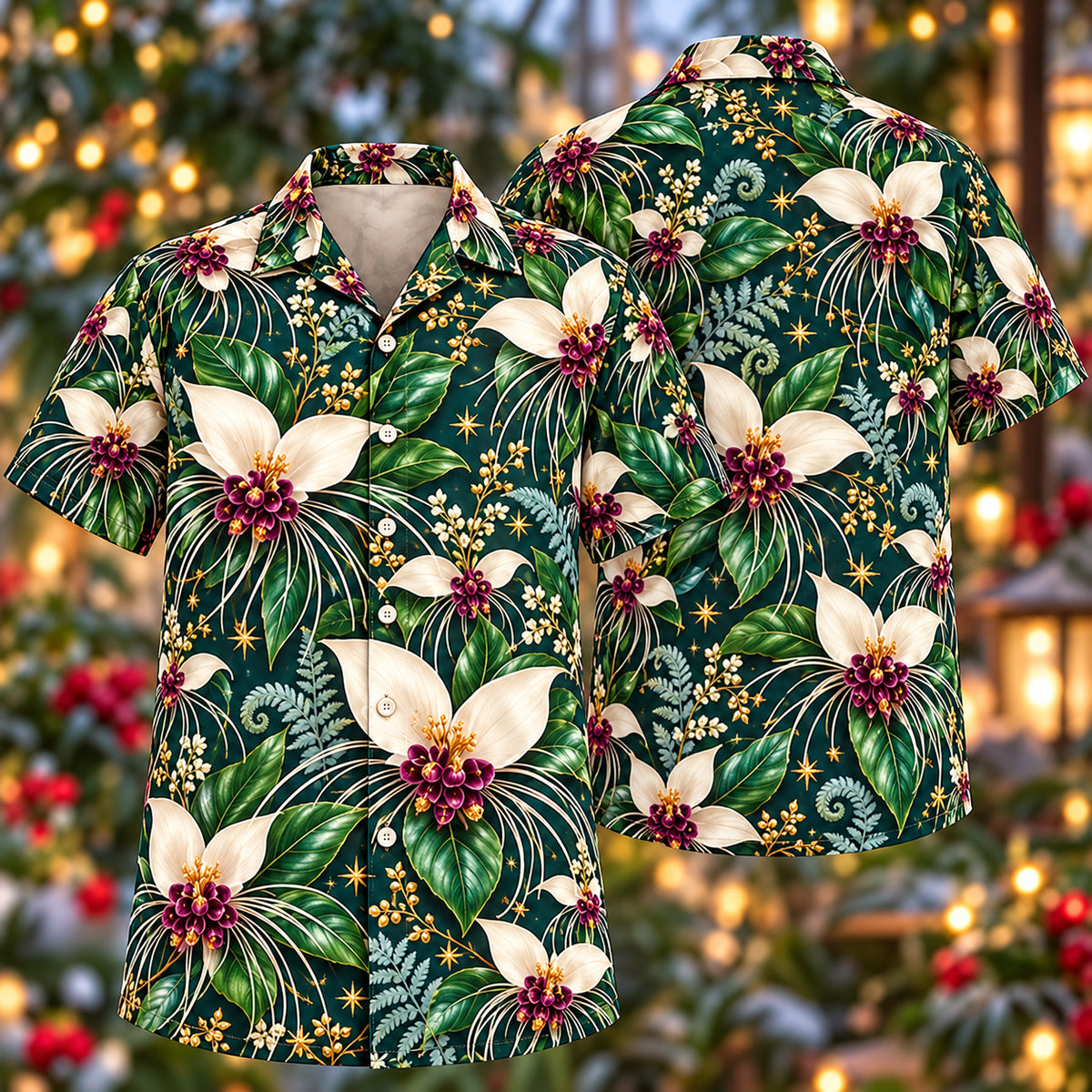 Digital mockup: front and back of one AlohaVero Christmas Ivory Bat Flower Teal Aloha No Pocket Hawaiian shirt