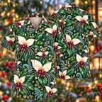 Digital mockup: front and back of one AlohaVero Christmas Ivory Bat Flower Teal Aloha No Pocket Hawaiian shirt