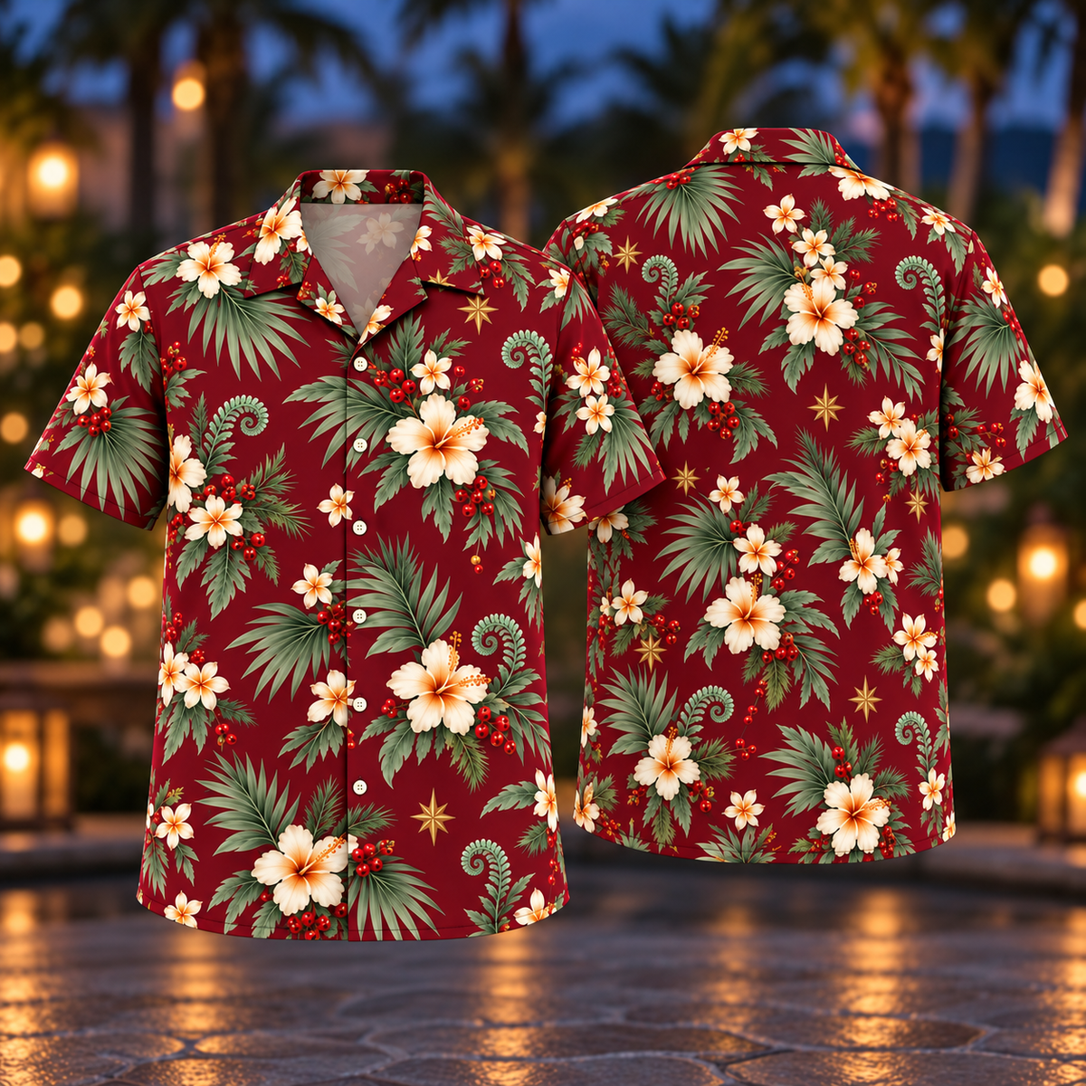 Digital mockup: front and back of one AlohaVero Christmas Ivory Blossom Fan Palm Wine Aloha No Pocket Hawaiian shirt