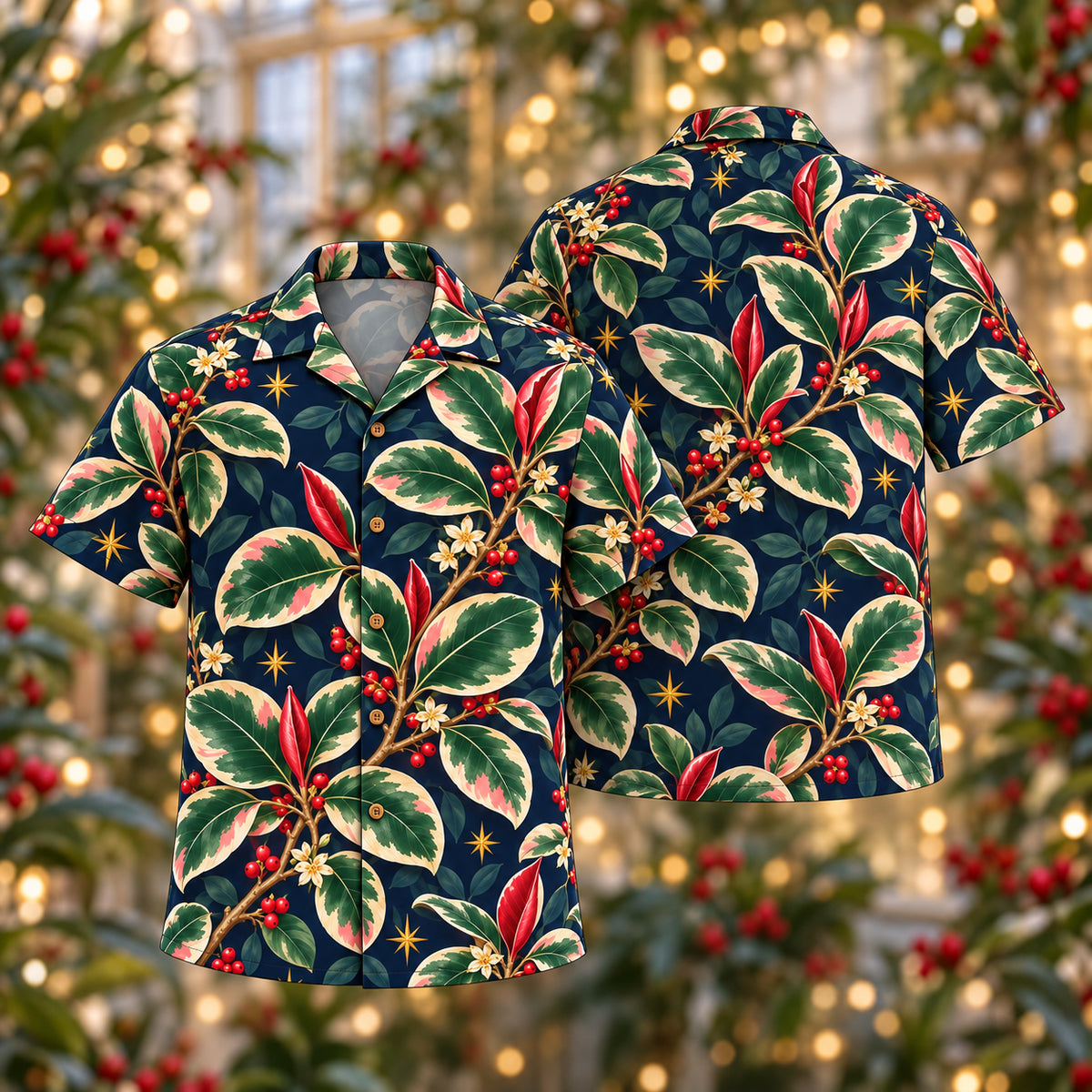 Digital mockup: front and back of one AlohaVero Christmas Ivory Blush Rubber Plant Navy Aloha No Pocket Hawaiian shirt