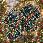Digital mockup: front and back of one AlohaVero Christmas Ivory Blush Rubber Plant Navy Aloha No Pocket Hawaiian shirt