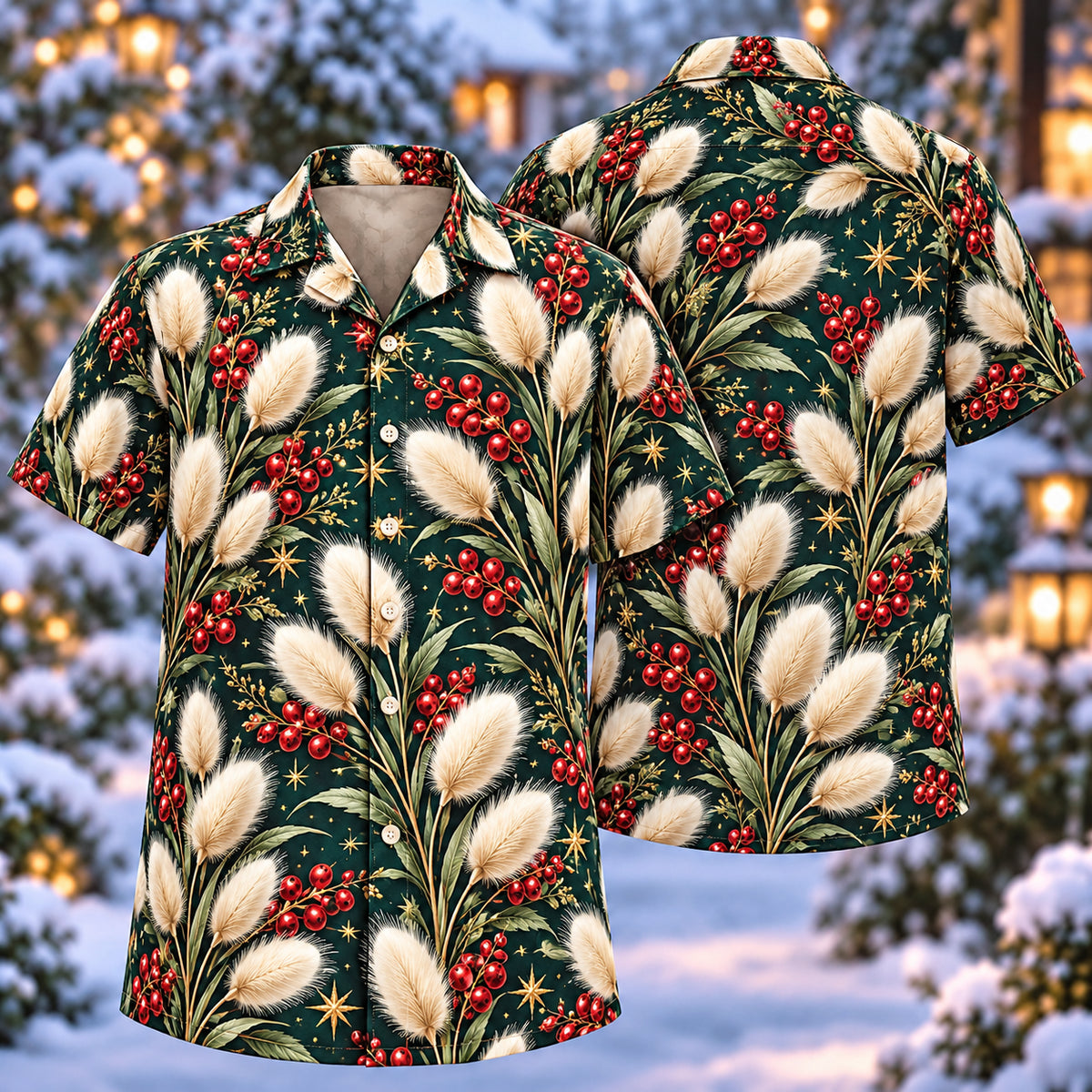 Digital mockup: front and back of one AlohaVero Christmas Ivory Bunnytail Grass Teal Aloha No Pocket Hawaiian shirt