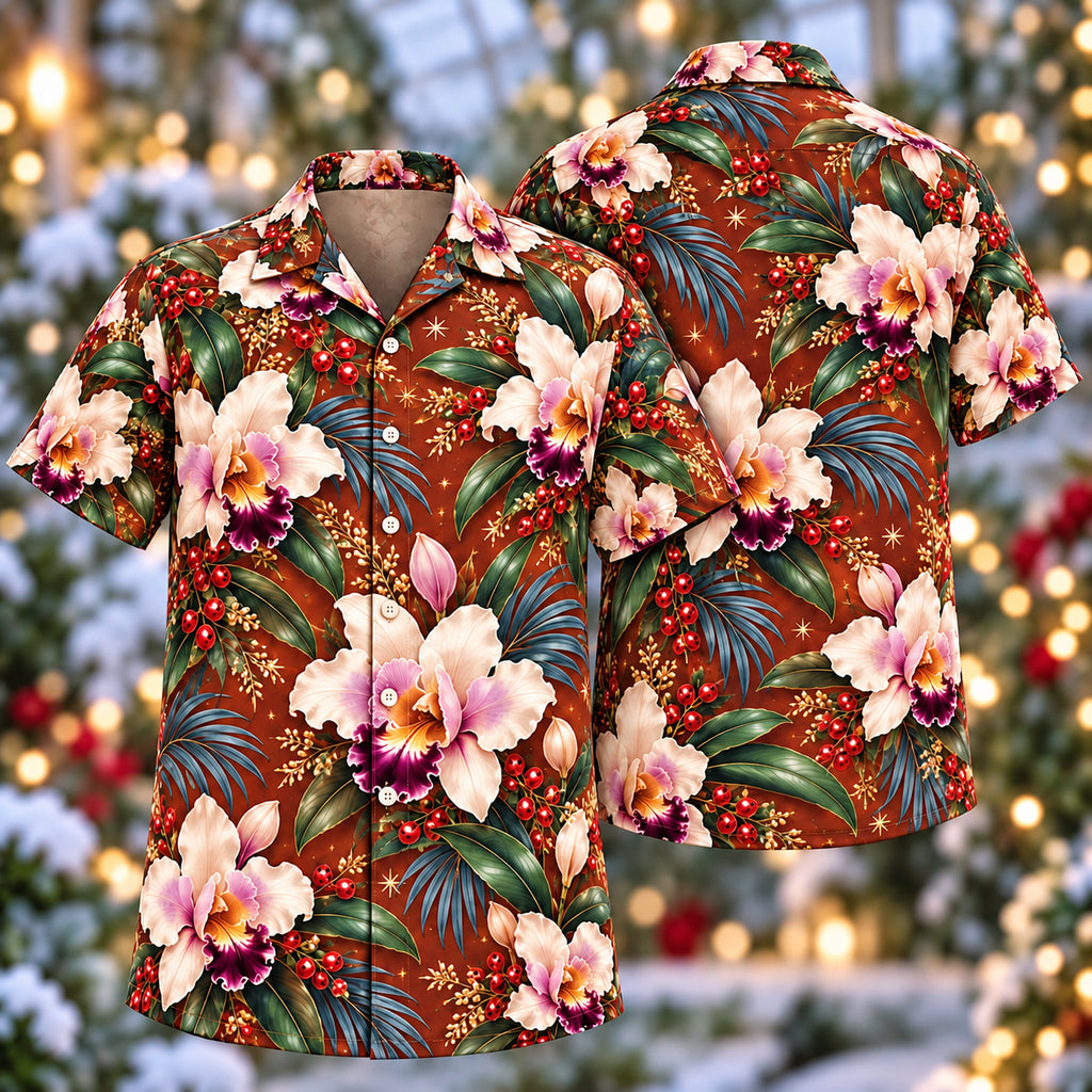 Digital mockup: front and back of one AlohaVero Christmas Ivory Cattleya Copper Aloha No Pocket Hawaiian shirt