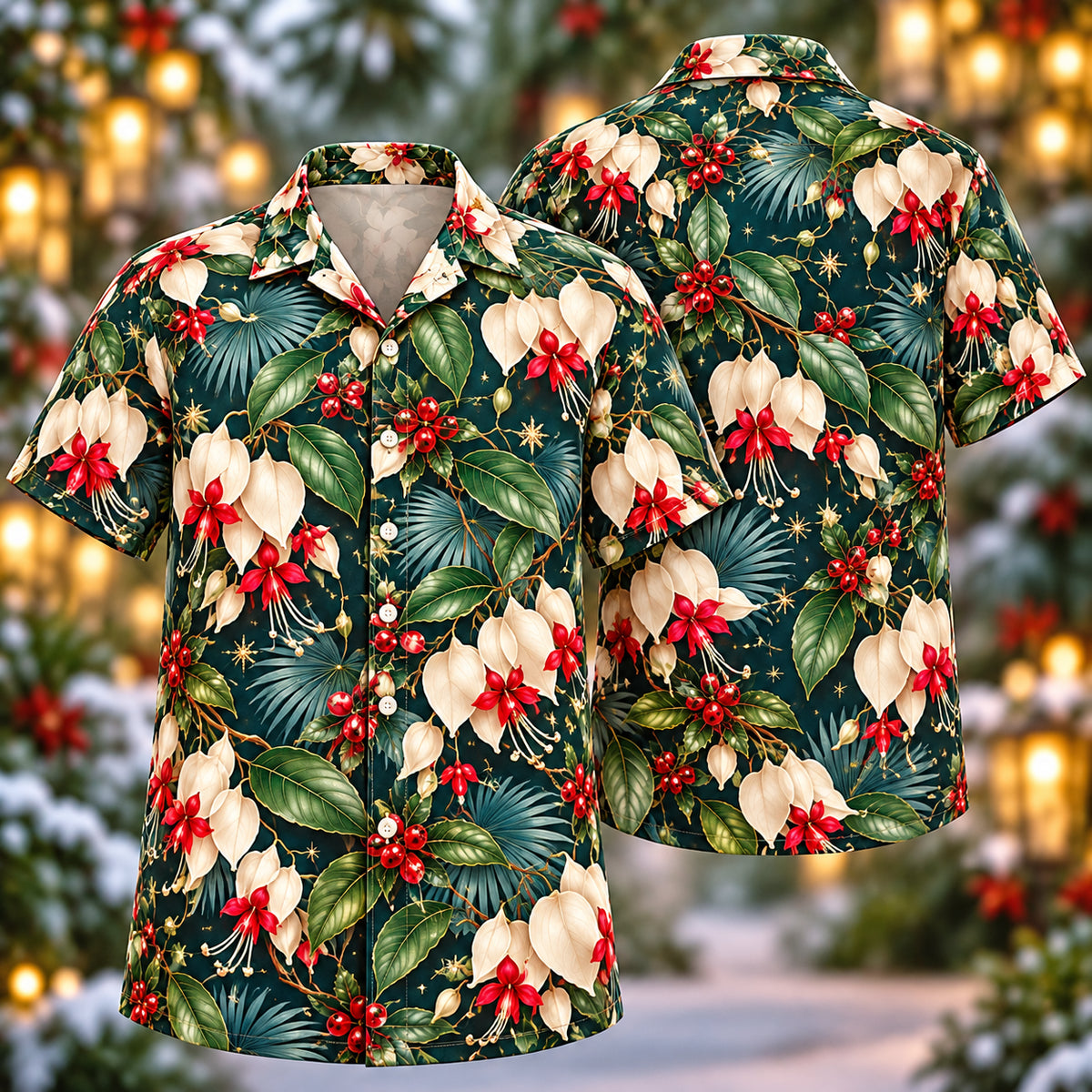 Digital mockup: front and back of one AlohaVero Christmas Ivory Clerodendrum Teal Aloha No Pocket Hawaiian shirt